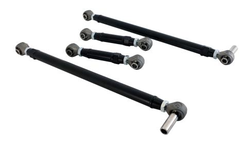 Replacement 4-Link Bar Kit W/ R-Joints Double Adj For 1964-1970 Mustang Old Design Bars Canted Inward Double Adjustable Upper And Lower Bars And R-Joint Spacers Powder Coated Satin Black Ridetech