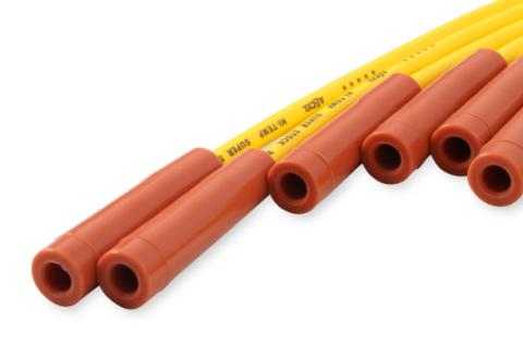 Spark Plug Wire Set 8MM Yellow With Orange Straight Boots 4040 8MM Universal Fit Super Stock Spark Plug Wire Sets Feature A Spiral Core And A Yellow Silicone Jacket ACCEL