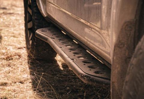 Step Edition Rock Slider For 24-Present Toyota Tacoma/Double Cab Short Bed W/ Kick Out/Yes (Bed Liner)/Powdercoat Cali Raised LED