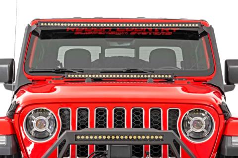 Jeep 50-Inch Straight LED Light Bar Upper Windshield Kit w/ Single-Row Black Series LED White DRL 20-Up Gladiator JT 18-20 Wrangler JL Rough Country
