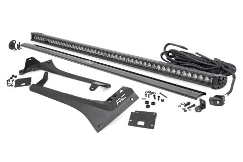 Jeep 50-Inch Straight LED Light Bar Upper Windshield Kit w/ Single-Row Black Series LED White DRL 20-Up Gladiator JT 18-20 Wrangler JL Rough Country