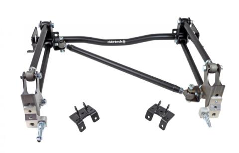 Bolt-On 4-Link W/ Double Adjustable Bars For 1955-1957 Bel Air W/ 1 Piece Frame R-Joints Bars Diagonal Link Bolt-On Cross Member And Weld-On Axle Brackets Coated Black For Use W/ Shockwaves Or Coil-Overs Sold Separately Ridetech