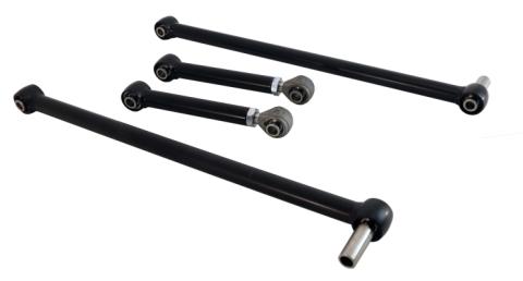 Replacement 4-Link Bar Kit W/ R-Joints Standard Adj For 1964-1970 Mustang New Design Bars Canted Outward Non Adjustable Lower Bars Single Adjustable Upper Bars And R-Joint Spacers Powder Coated Satin Black Ridetech