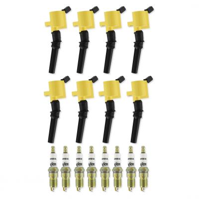 Ignition Upgrade Kit- 1998-2008 Ford 4.6L/5.4L/6.8L 2-Valve, Yellow 8-Pack Includes 8-Pack Of Hp Copper Spark Plugs (P/N 8196) &amp; 8-Pack Of Igniiton Coils (P/N 140032-8) ACCEL