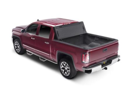 BAKFlip FiberMax Hard Folding Truck Bed Cover Rail Mounts Near Top of Bed Rail Rails Can Be Lowered Using Drop Down Brackets 2022-2026 Toyota Tundra 5 Foot 7 Inch Bed with or without Deck Rail System w/out Trail Special Edition Storage Boxes BAK