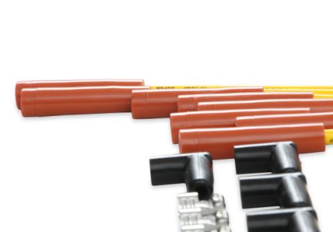 Spark Plug Wire Set 8MM Yellow With Orange Straight Boots 4040 8MM Universal Fit Super Stock Spark Plug Wire Sets Feature A Spiral Core And A Yellow Silicone Jacket ACCEL