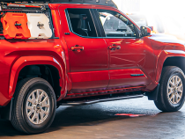 Step Edition Rock Slider For 24-Present Toyota Tacoma/Double Cab Long Bed W/ Kick Out/Yes (Bed Liner)/Powdercoat Cali Raised LED